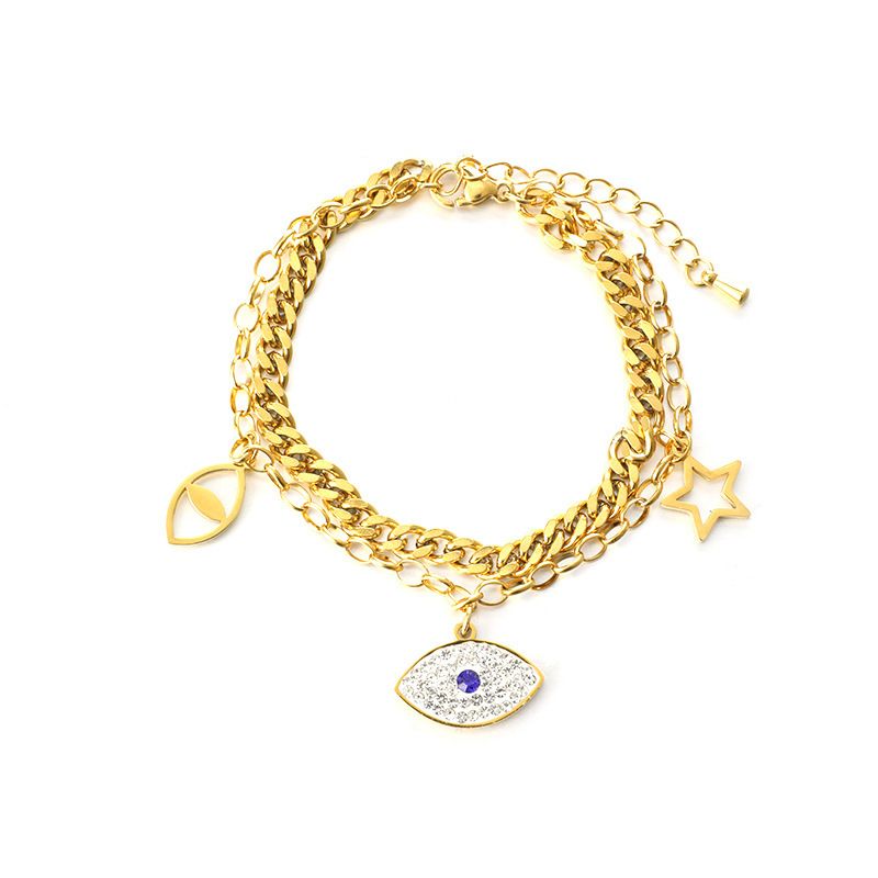 Diamond-encrusted Zircon Devil's Eye Double-layer Necklace Female Personality Versatile Stainless Steel Gold-plated Bracelet_voghion.com
