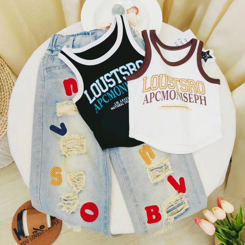 Abbigliamento per bambini Set per ragazze T-shirt alla moda per bambini di medie e grandi dimensioni con jeans strappati con lettere ricamate_voghion.com