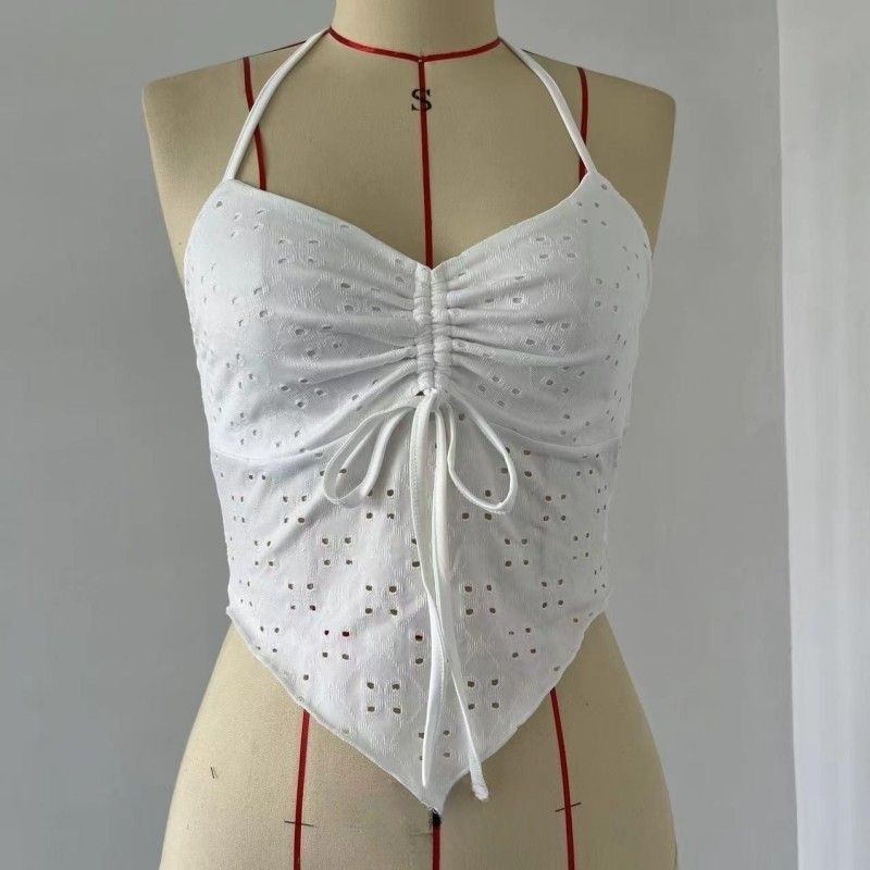 Top camisola irregular con cordón y cuello halter para mujer_voghion.com