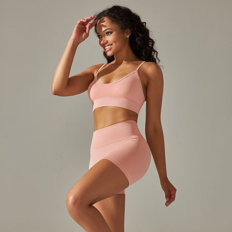 New Seamless Back Cross Shoulder Sports Tank Top Bra Set Running Fiess Yoga Pants_voghion.com