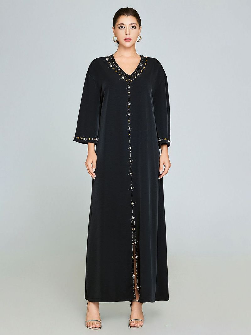Elegante abito lungo con perline fatte a mano per donna - Abaya fluido e taglie forti con decorazioni, comodo caftano a maniche lunghe per occasioni casual e speciali_voghion.com