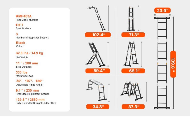 Multi-Purpose Folding Ladder 7-in-1 3 Step 12ft With Scaffolding Plank_voghion.com