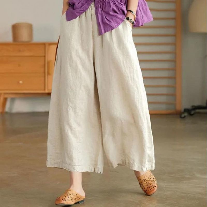 Venda quente Mulheres Verão Primavera Perna Larga Oversized Reta Cor Sólida Cintura Elástica Combinar Top Bolsos Virilha Profunda Senhora Nona Calças_voghion.com