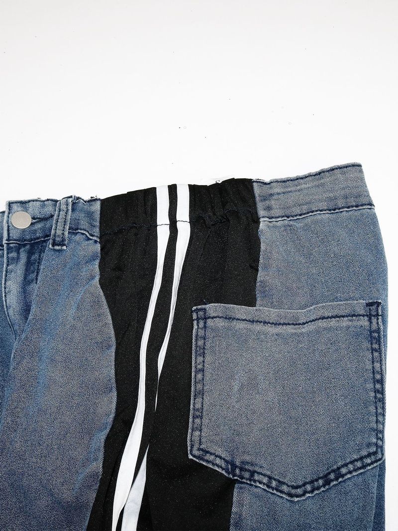 Abbigliamento da donna nuovo temperamento alla moda giunture a righe casual vita alta pantaloni in denim gamba larga prezzo_voghion.com