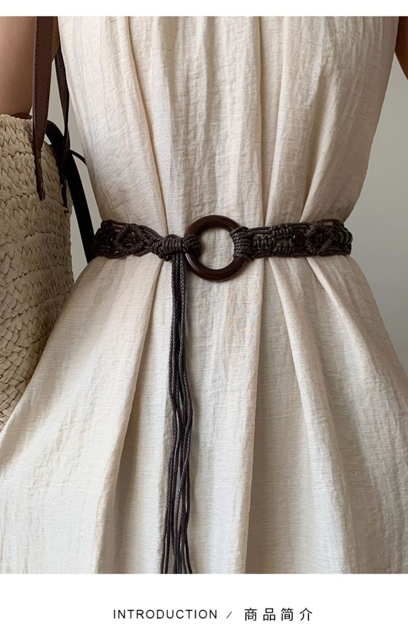 Gewebter Gürtel aus gewachster Kordel mit Holzschnalle, neuem, verlängertem Quasten- und Perlengürtel, Nischendesign mit Rockbesatz_voghion.com