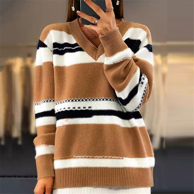 Vêtements pour femmes pull col en v pull hauts couleur bloc rayé pull ample femmes_voghion.com