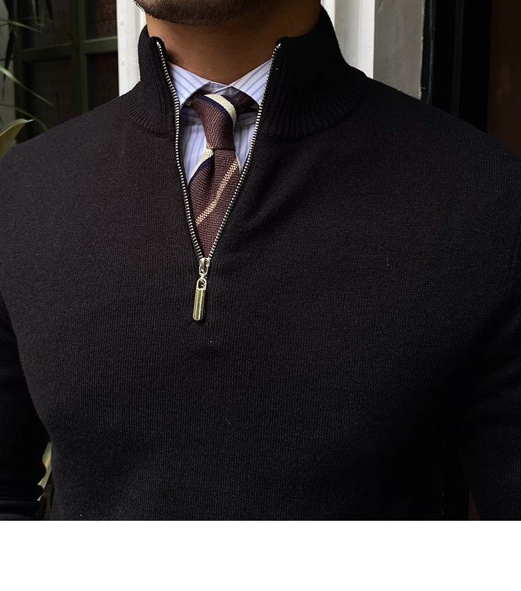 Men's Slim-Fit Stand Collar Knit Sweater – Lightweight Pullover For Layering (Black/White/Brown, M-3XL)_voghion.com