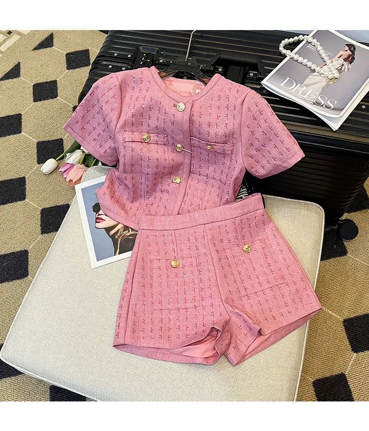 Women's Two Piece Pants BAFU Summer Pink Tweed 2 Set Women Short Sleeve Jacket Wide Legs Shorts Suit Runway Celebrity_voghion.com