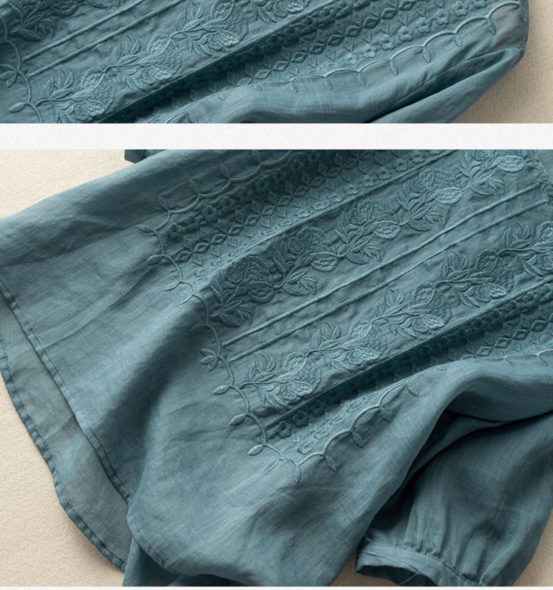 Camicetta a maniche medie da donna, con ricamo, ampia, stile letterario, vintage, in cotone e lino_voghion.com