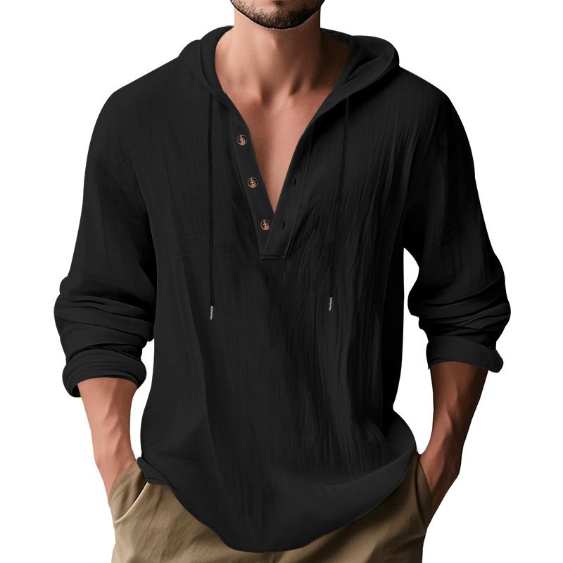 Lente en herfst lang mouwen linnen overhemd heren capuchon casual losse T-shirt trui heren_voghion.com
