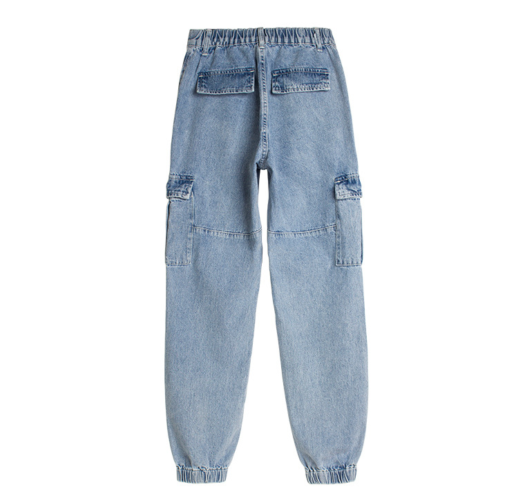 Women's clothing waist jeans Haren pants loose wide leg elastic waist large pocket cargo jeans_voghion.com