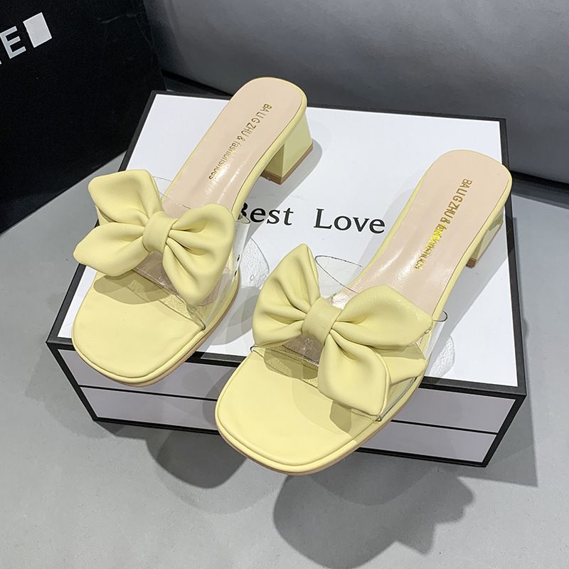 Damen-Sandalen mit dickem Absatz, eckiger Zehenpartie, Frühjahr 2022, neue Feen-Optik mit Schleife, lässige Hausschuhe für draußen, ideal für Umkleidekabinen._voghion.com