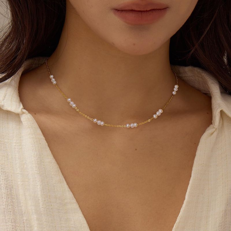 Collier de clavicule en laiton doré 14 carats, plaqué or véritable, à la mode, avec perles d'eau douce à petits grains_voghion.com