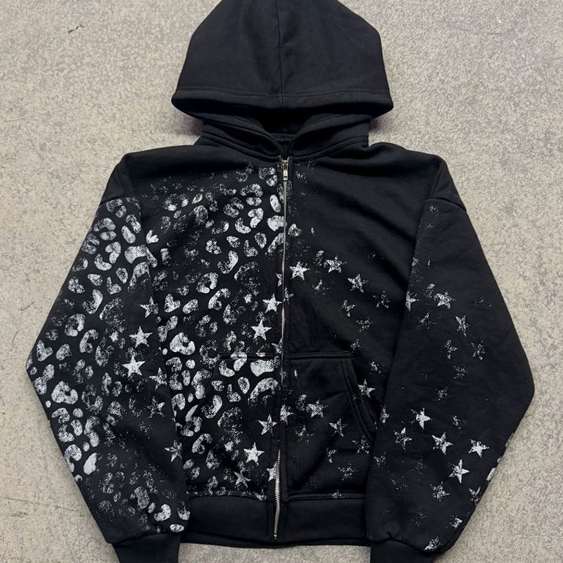 Harajuku Y2K Retro-Sweatshirt- und Hosen-Set mit Sternendruck – lockere Passform im Hip-Hop-Stil (Schwarz/Grau, S-XL)_voghion.com