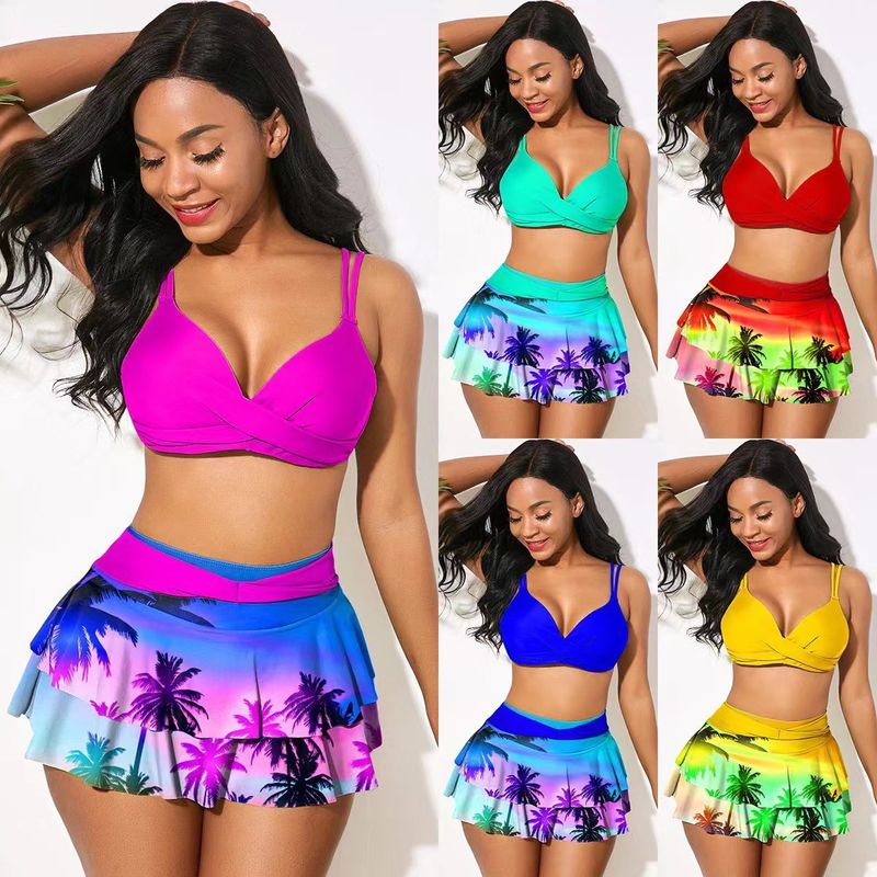 Women's Clothing Sexy Split High Waist Ruffled Printed Bikini Swimsuit Ladies Bikini_voghion.com