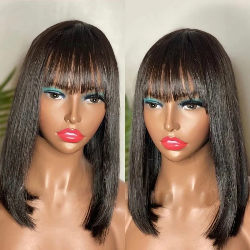 Bob Wigs Full Machine Made Wig for Women Brazilian Short Straight Hair Bob Wigs Human Hair Wig With Bangs_voghion.com