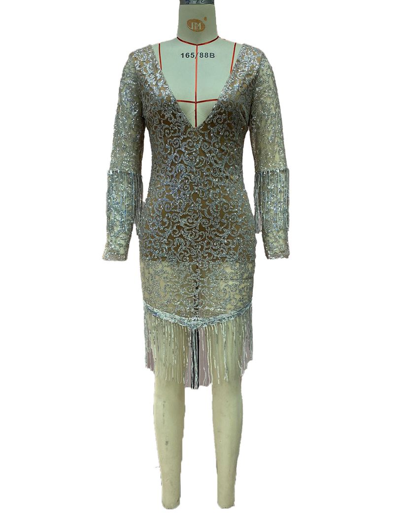 Damenbekleidung Deep V Hollow Langarm Gold besprenkeltes langes Kleid_voghion.com