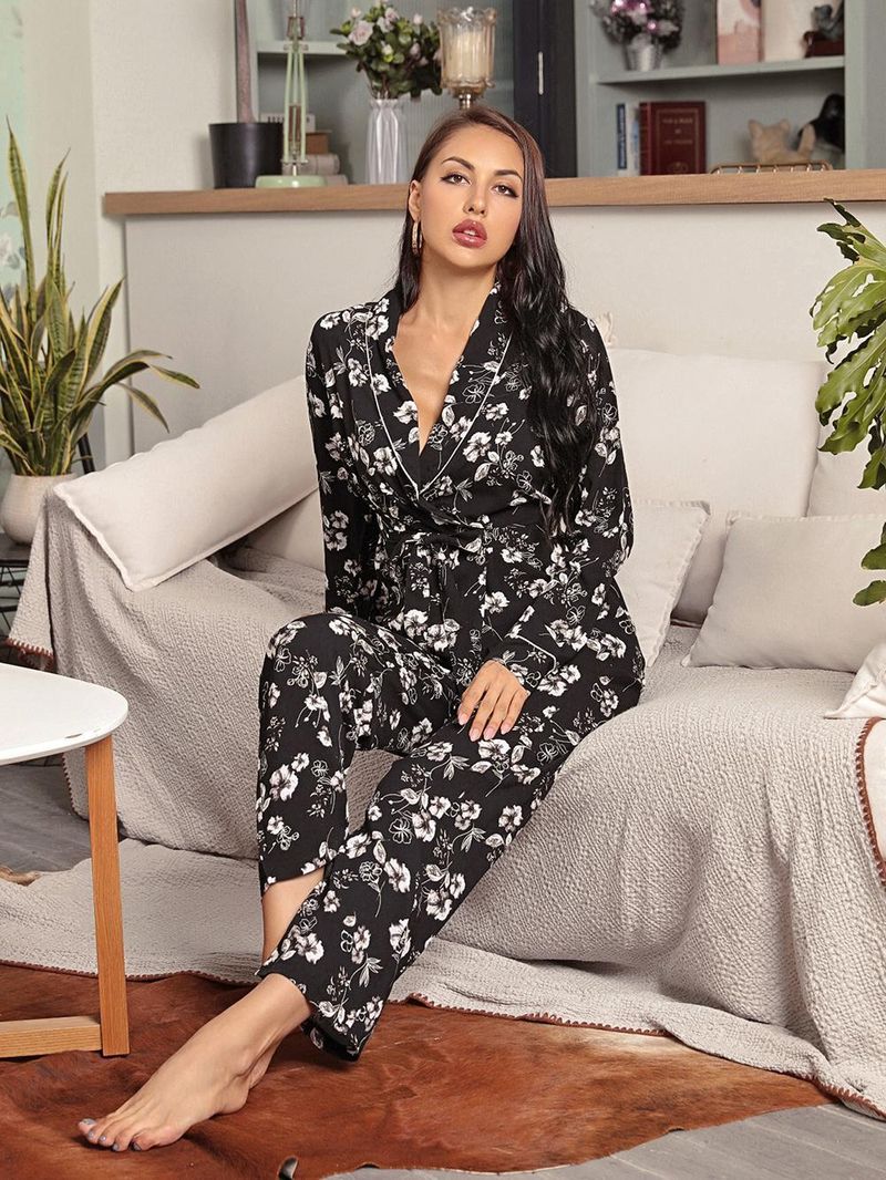Homewear Herbst Winter Ärmel Krawatte Robe Lange Hosen Zweiteiliger Pyjama für Frauen_voghion.com