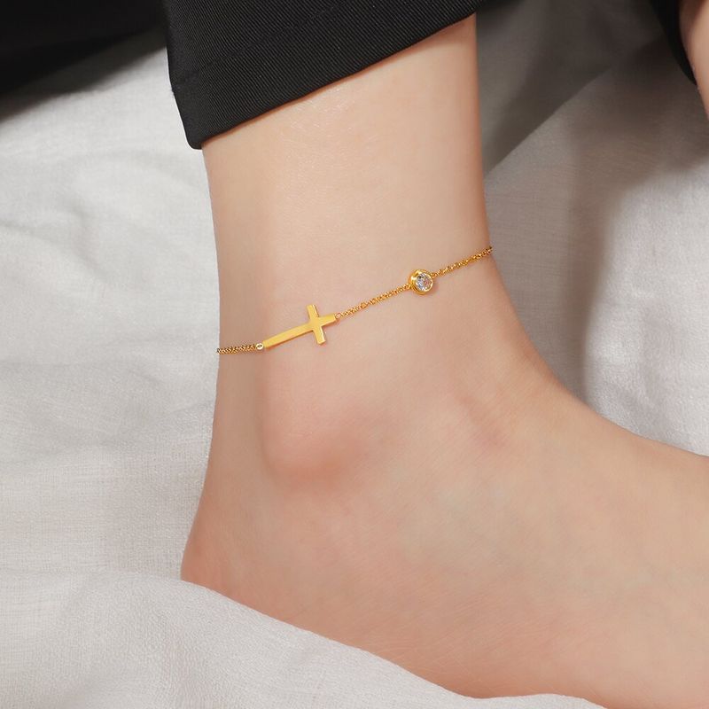 Neues luxuriöses Nischen-High-End-Fußkettchen aus Titanstahl mit Kreuz und Diamantbesatz für Damen, modische Super-Feen-Fußkette_voghion.com