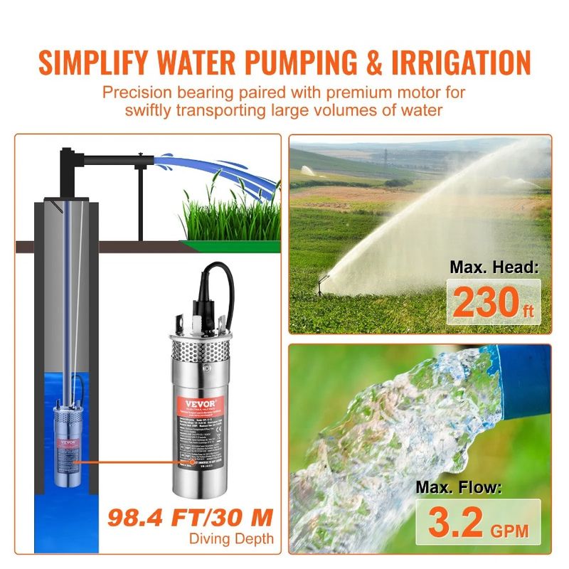 Ft Max Wate Solar 12V Solar Flow 98.4 Max Pump Well DC 230 120W GPM 3.2 Pump Deep Powered Submersion Submersible Ft Water Max_voghion.com
