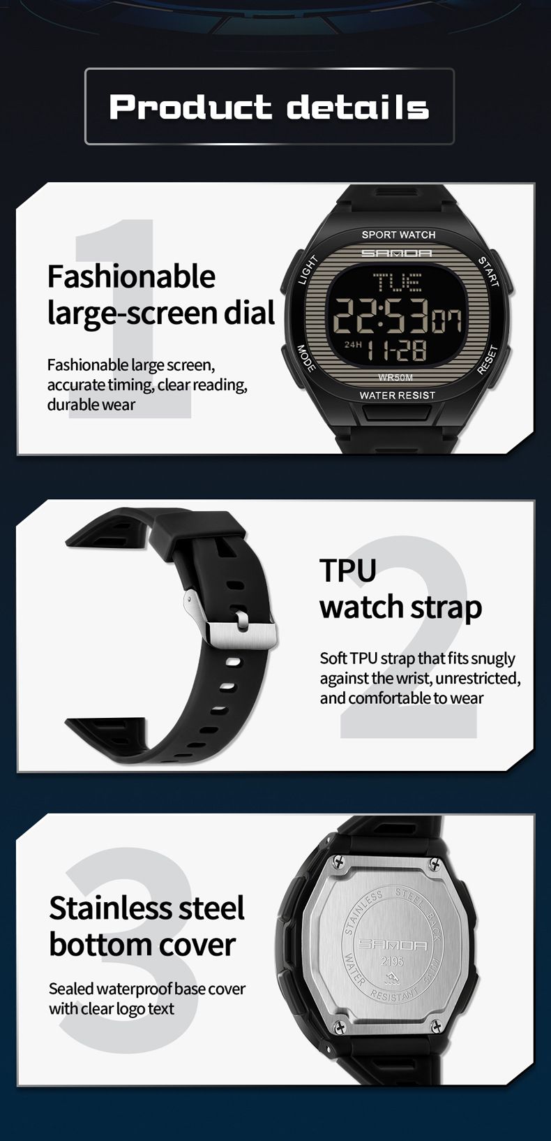 Orologio sportivo digitale da uomo e da donna con sveglia, impermeabile, multifunzione, retroilluminazione a LED, cronometro, timer per il conto alla rovescia, design leggero e di lusso_voghion.com