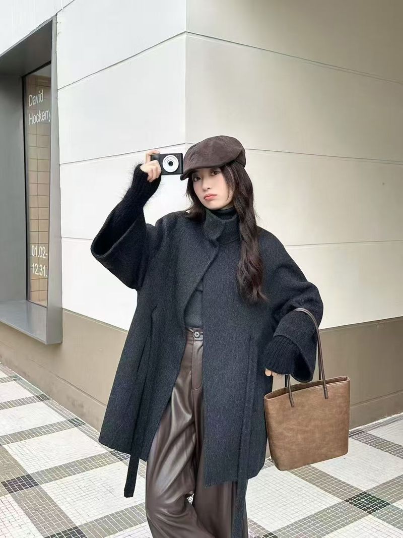 Double-Faced Wool Coat – Oversized Belted Trench (Camel/Grey/Black/White) | Korean Relaxed Fit With Waist Tie_voghion.com