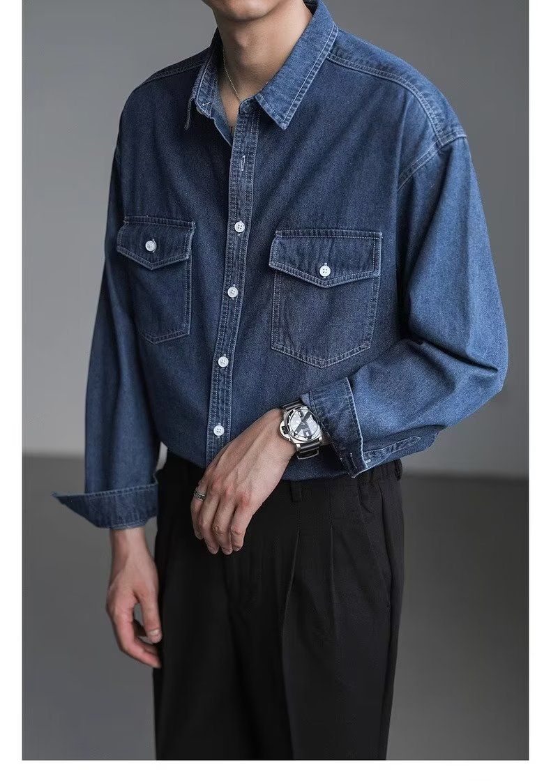 Gewaschenes altes Jeanshemd Herren Frühling koreanische Version lose High-End-Langarm-Werkzeughemd_voghion.com