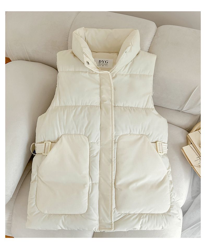 Women's Clothing autumn and winter new women's clothing trend solid color belt fashionable cotton vest fashionable stand up collar flat coat jacket_voghion.com