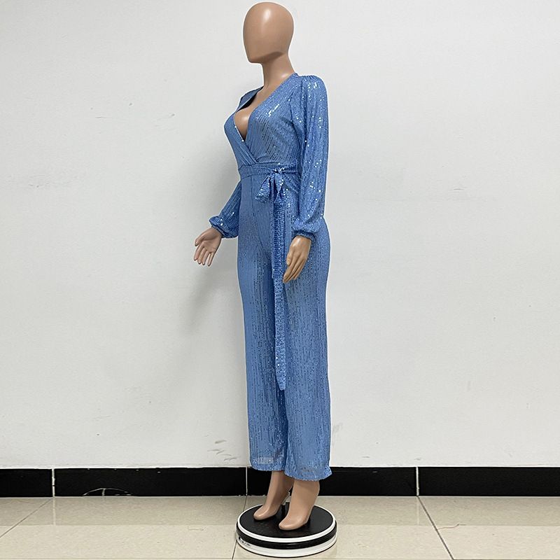 Damkläder Ins Style Deep V Mode Casual Jumpsuit Långärmat Bälte Paljett Jumpsuit Dam_voghion.com