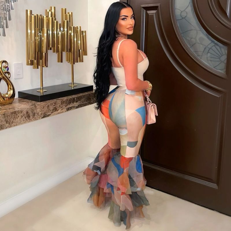 Dammekleeder Kontrastfaarfdrock Mesh Rüschen Bell Bottom Hosen Véier Saisonshosen_voghion.com
