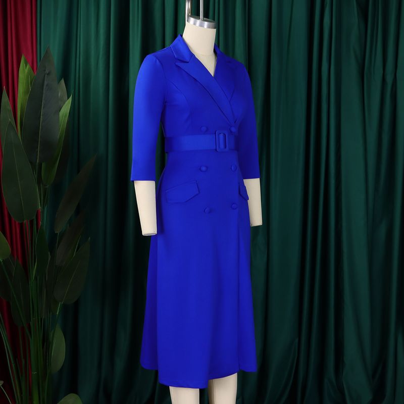 Damenbekleidung Damenmode Temperament Zweireihiger Anzugkragen Einfarbiges Kleid Mittellanges Kleid_voghion.com