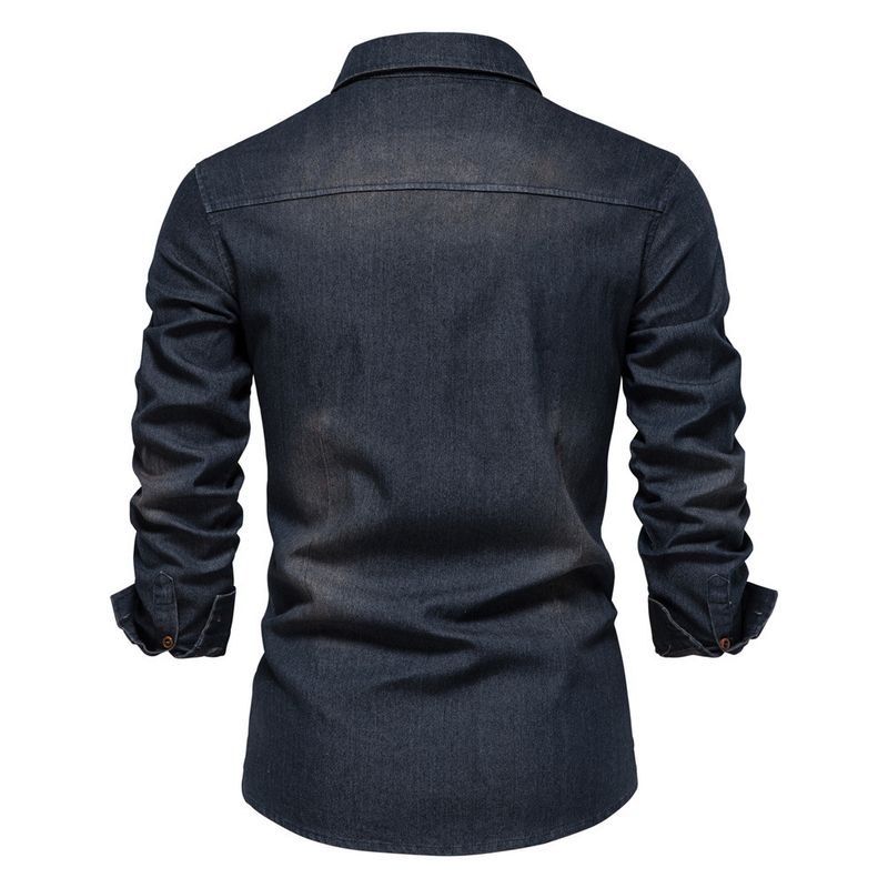 Jeanshemd für Herren – Klassische Langarm-Arbeitskleidung aus Baumwoll-Chambray, sandgewaschen und vorgeschrumpft (15 Farben von Mitternachtsschwarz bis Vintage-Blau)_voghion.com