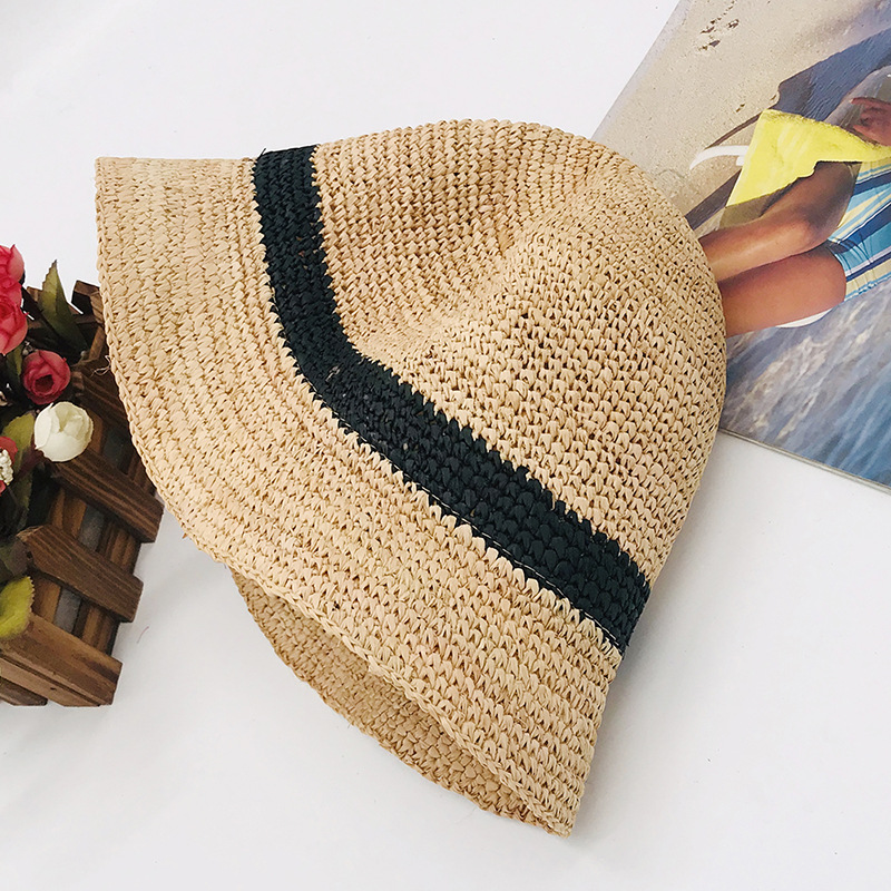 Natural Raffia Color folding sun protection crochet hat with flanged edge_voghion.com