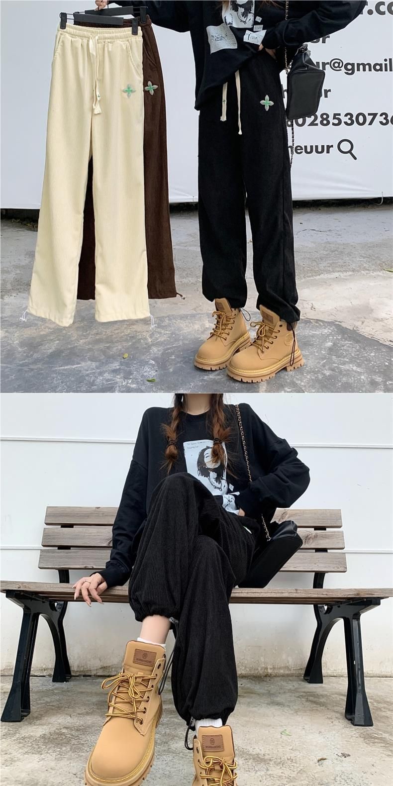 6017 # Corduroy Autumn Korean Edition New Work Wide Women's Leg Tight Pants_voghion.com