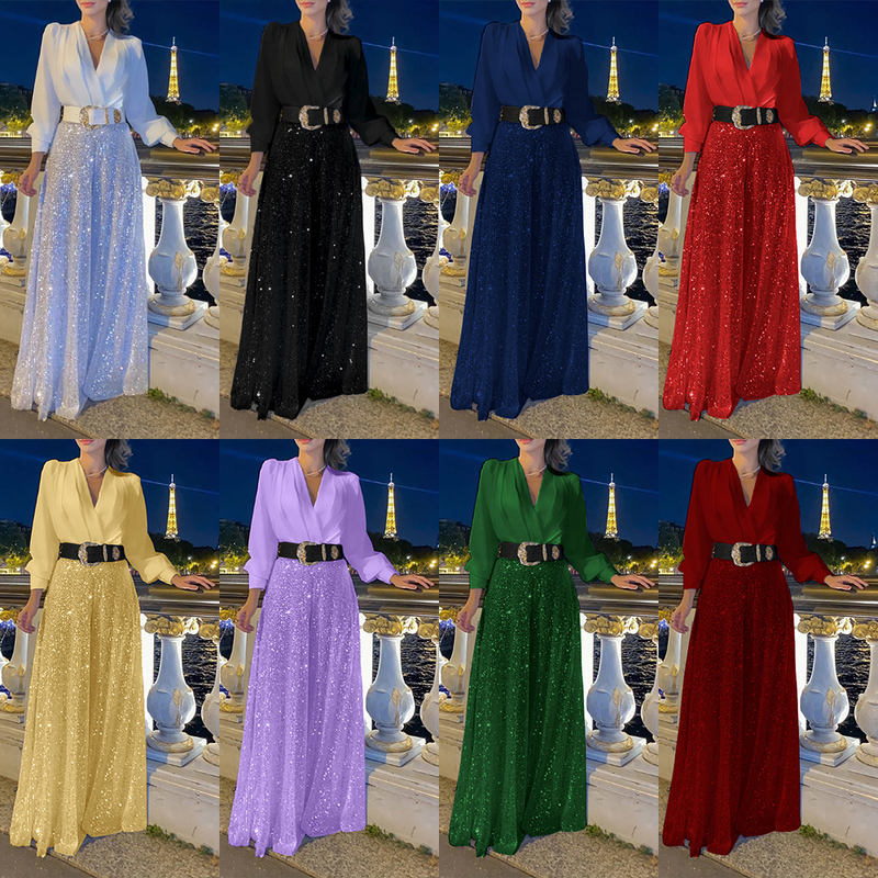 Camicia a maniche lunghe con scollo a V alla moda da donna, pantaloni a gamba larga con paillettes dimagranti in vita elegante_voghion.com