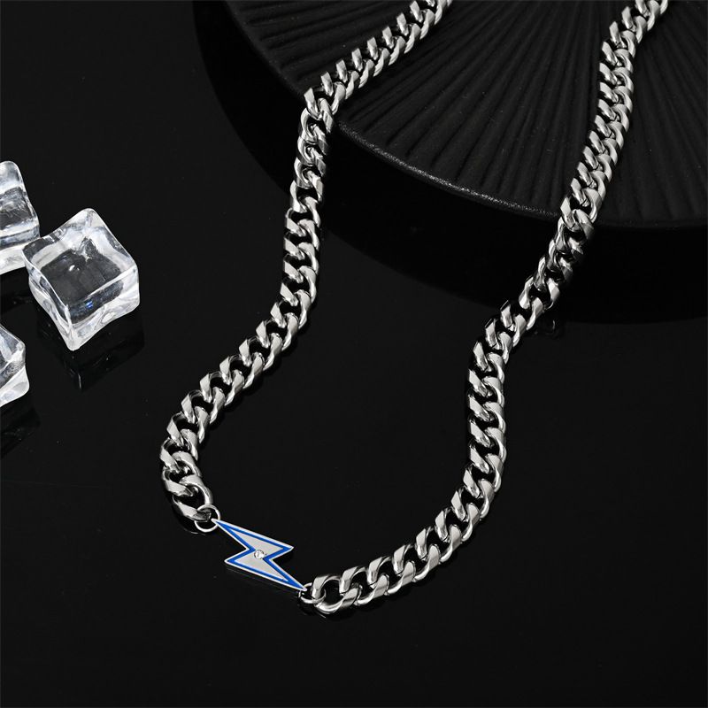 New Style Diamond-Encrusted Lightning Cuban Necklace For Men, Full Titanium Steel, Non-Fading, Heavy Craft, High-End_voghion.com