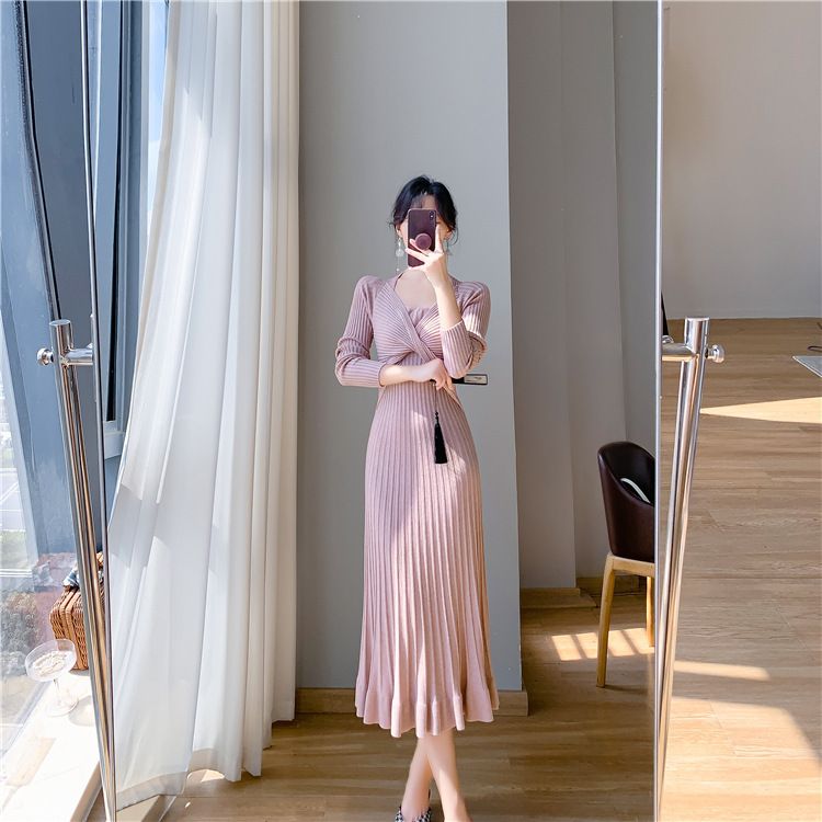 Robe moulante longue style français en tricot pour femme, automne et hiver, à porter avec un manteau, une sous-couche ou une robe sirène._voghion.com