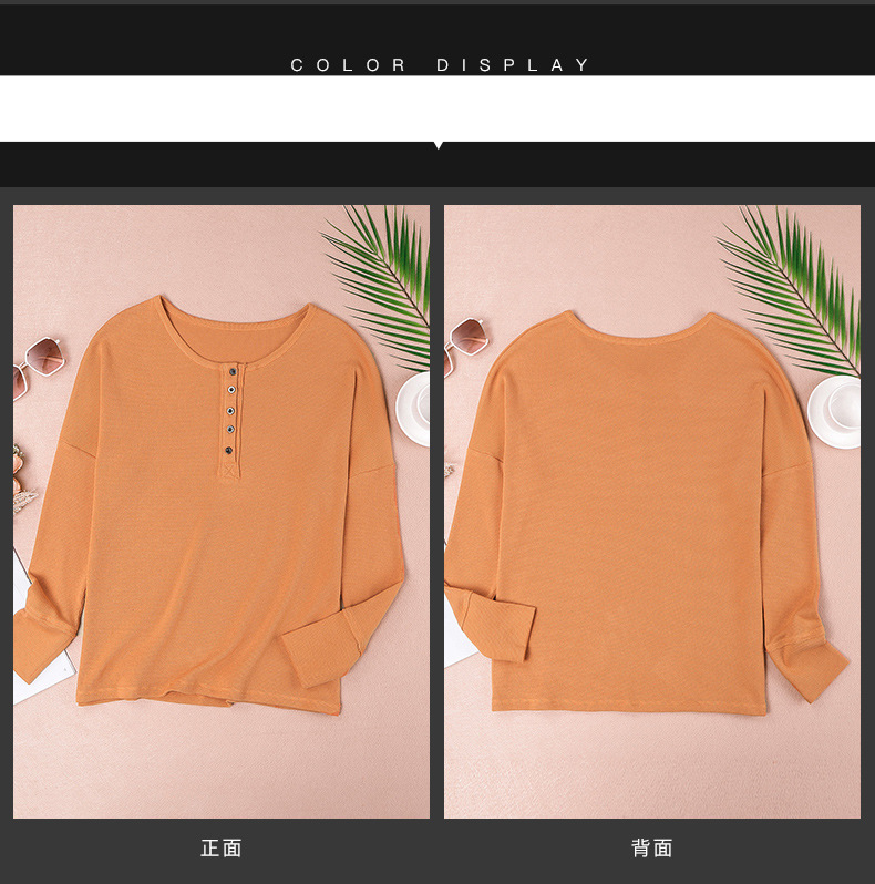 Women's Clothing Long-sleeved Knitted Sweater Bottoming Top Autumn and Winter New Round Neck Slim Button Waffle Bottoming Shirt_voghion.com