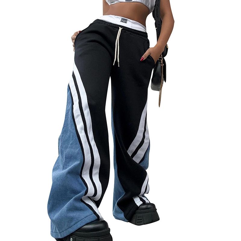 Abbigliamento donna tendenza moda strisce di colore a contrasto cuciture larghe gamba larga tempo libero_voghion.com