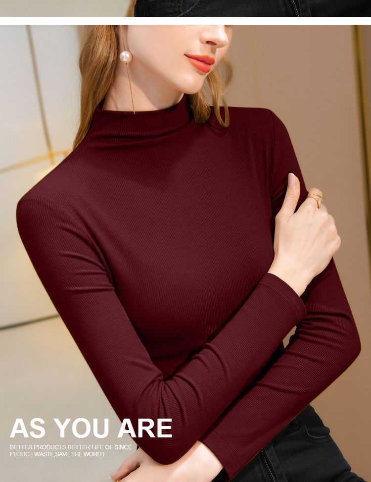 Women's Semi-Turtleneck Thermal Tee – Slim Fit Long Sleeve Base Layer, Dralon Blend Stretch Fabric (M-2XL, Beige/White/Wine/Brown/Black)_voghion.com