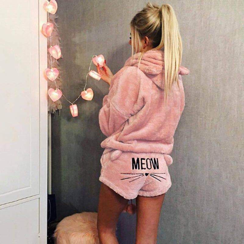 Damenbekleidung, Kleidung, Katze, bestickt, Pyjama, Kapuze, Freizeitanzug, zweiteiliges Set_voghion.com