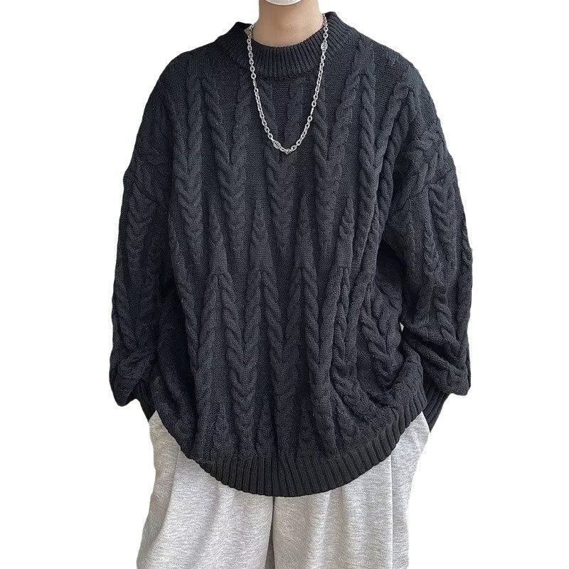 Men's Round Neck Knitting Coat Men's Design Fried Dough Twists Loose Lazy Sweater_voghion.com