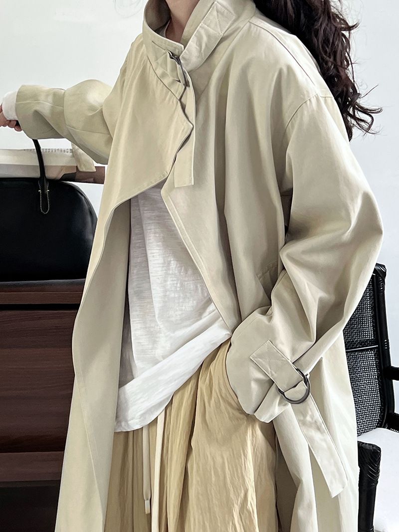 Elegant British-Style Long Trench Coat For Women – Minimalist & Luxurious Knee-Length Overcoat With Adjustable Belt, Pure Cotton, Black & Light Beige_voghion.com