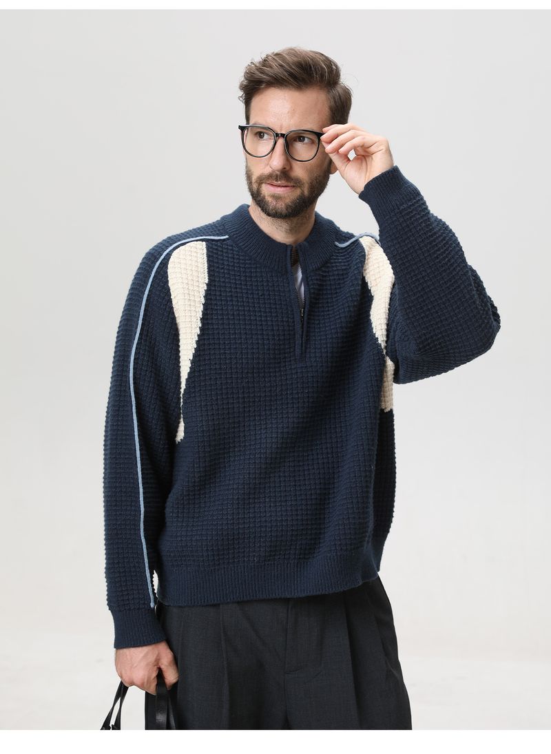 Maglione da uomo con mezza zip color-block – Pullover in maglia con trama a griglia e fodera in pile scamosciato sintetico (grigio kaki/grigio ghiaccio/blu navy)_voghion.com