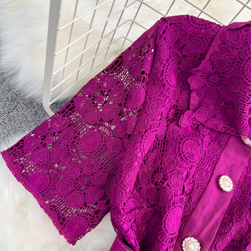 Camicia da donna in pizzo monopetto alla moda, set in due pezzi, gonna a pieghe a vita alta_voghion.com