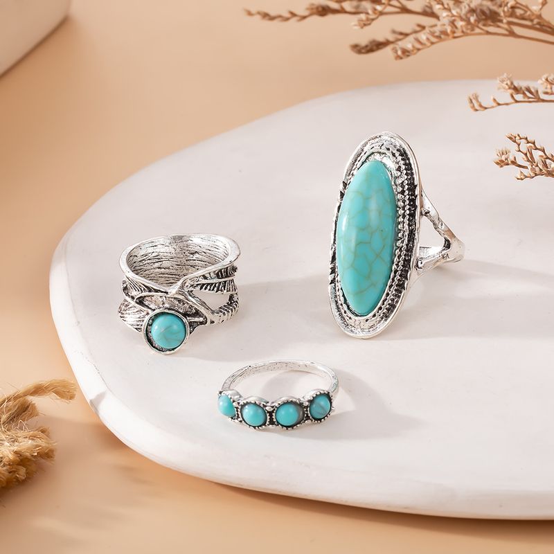 Neu Kombination Bohemian Feder Große Türkis 3-Stück Ring Set_voghion.com