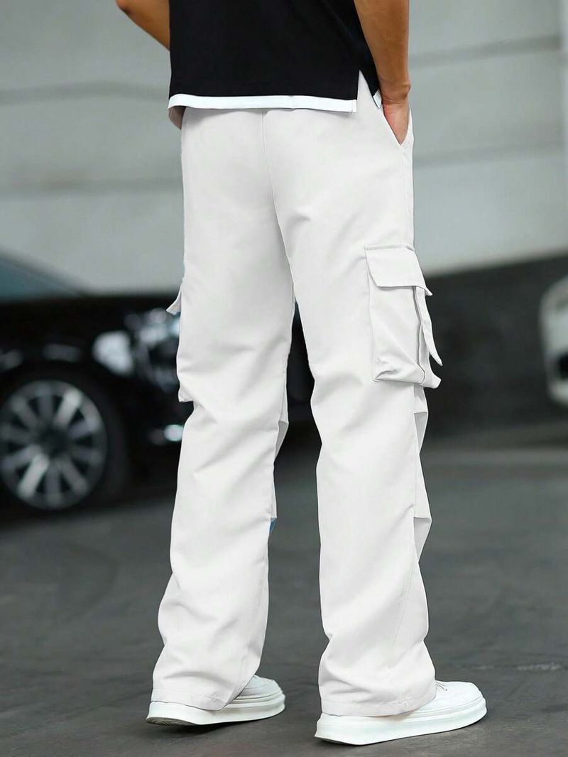 Men's Clothing Men's Streetwear Cargo Pants - White Woven Fabric With Zipper Detail, Retro Loose-Fit Cropped Pants (11 Colors, S-XL)_voghion.com