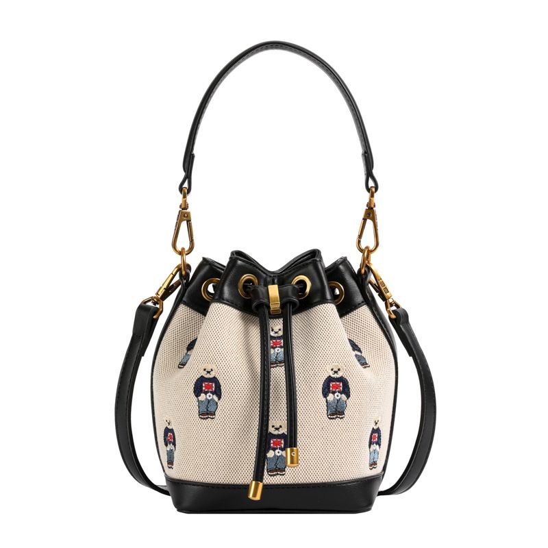 Umhängetasche, modisches, hochwertiges Canvas mit PU-Stickerei, süße Bären-Handtasche, 2 Riemen, neue Single-Shoulder-Damentasche_voghion.com