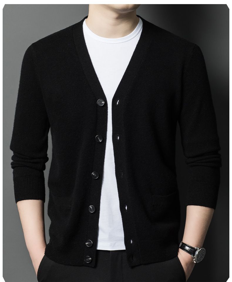 Herbst-Winter-Pullover aus reiner Wolle mit V-Ausschnitt und einfarbigem Farbverlauf für Männer mittleren und älteren Alters, vielseitiger Strickpullover_voghion.com