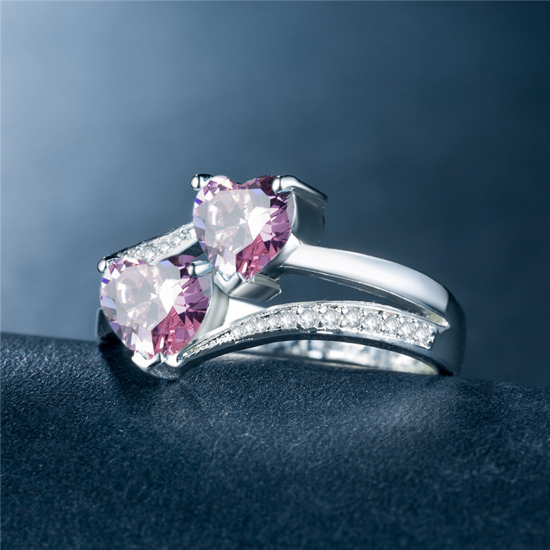Ring Damen-Zirkonring, doppeltes Herz, platinierter Kupferring, Kopfbedeckung_voghion.com